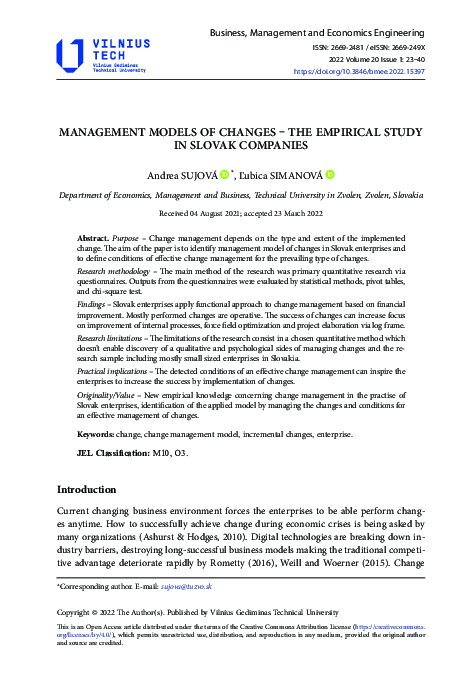 (PDF) Management Models of Changes – the Empirical Study in Slovak ...