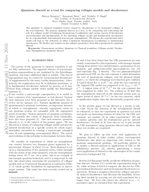 (PDF) Quantum discord as a tool for comparing collapse models and ...