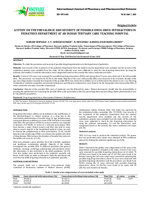 (PDF) A Study on the Prevalence and Severity of Possible Drug-Drug ...