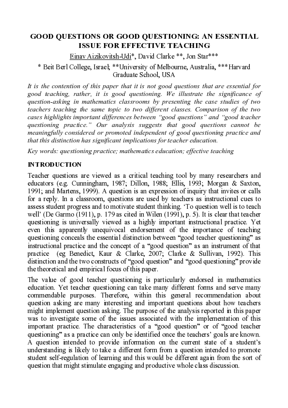 (PDF) Good Questions or Good Questioning: An Essential Issue for ...