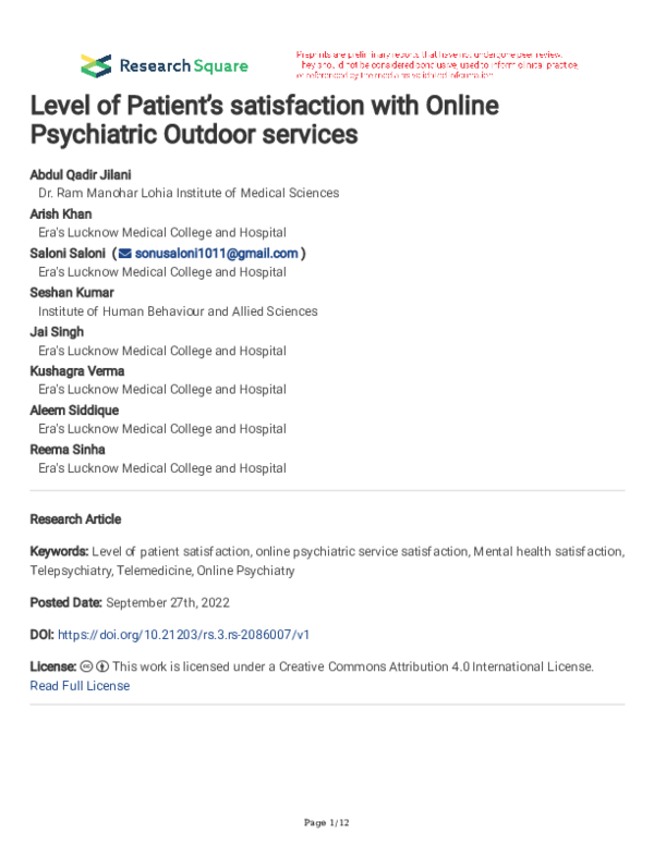 (PDF) Level of Patient’s satisfaction with Online Psychiatric Outdoor ...