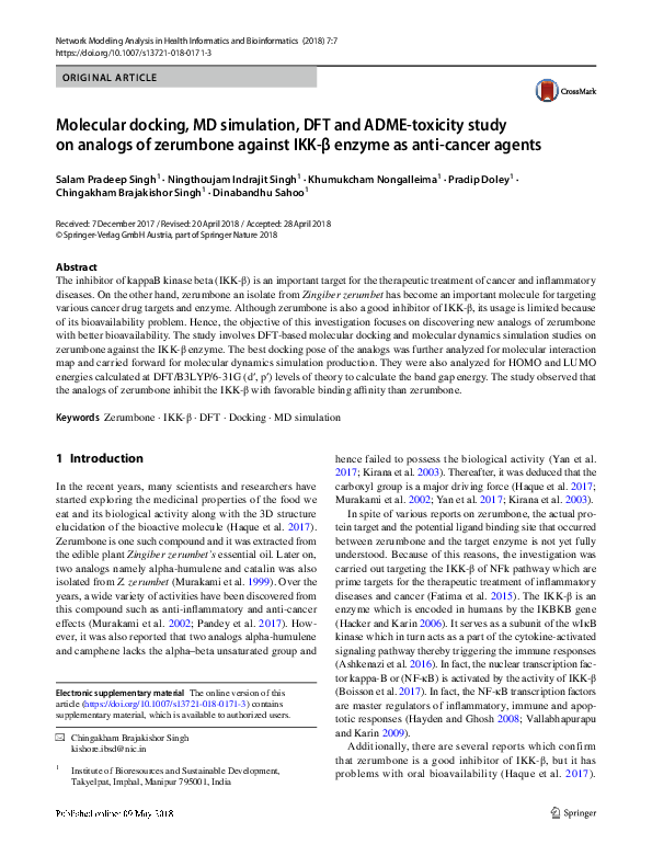 (PDF) Molecular docking, MD simulation, DFT and ADME-toxicity study on ...