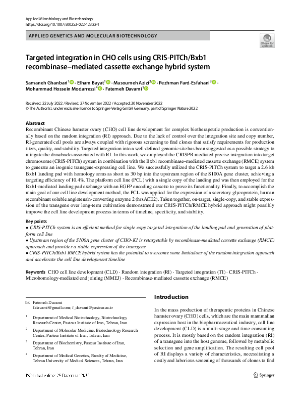 (PDF) Targeted integration in CHO cells using CRIS-PITCh/Bxb1 ...