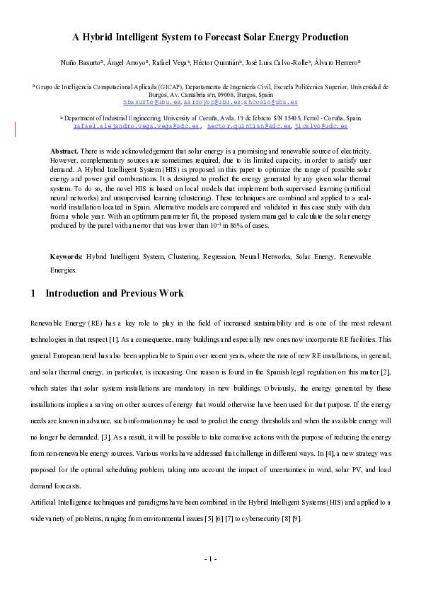 (PDF) A Hybrid Intelligent System to forecast solar energy production