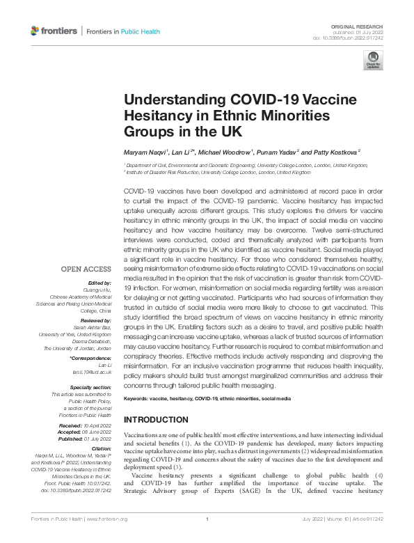 (PDF) Understanding COVID-19 Vaccine Hesitancy in Ethnic Minorities ...