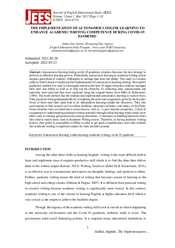 The Implementation of Autonomous Online Learning to Enhance Academic ...