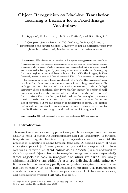 (PDF) Object Recognition as Machine Translation: Learning a Lexicon for ...
