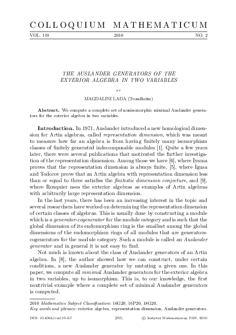(PDF) The Auslander generators of the exterior algebra in two variables