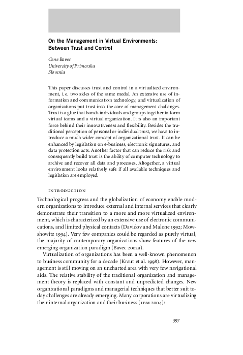 (PDF) On the management in virtual environments: between trust and control
