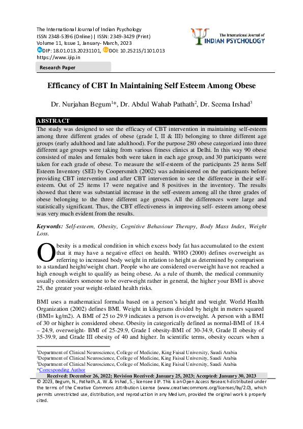 (PDF) Efficancy of CBT In Maintaining Self Esteem Among Obese