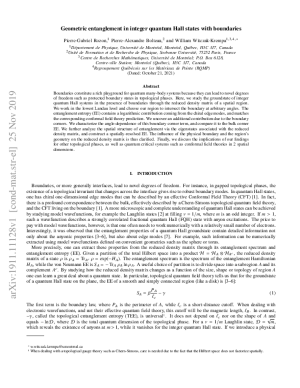 (PDF) Geometric entanglement in the integer quantum Hall state at ν=1 ...