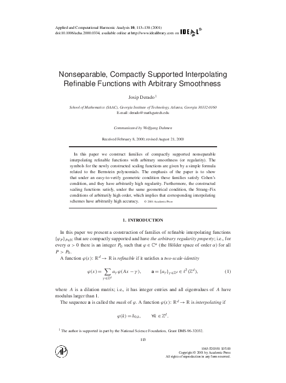 (PDF) Nonseparable, Compactly Supported Interpolating Refinable ...