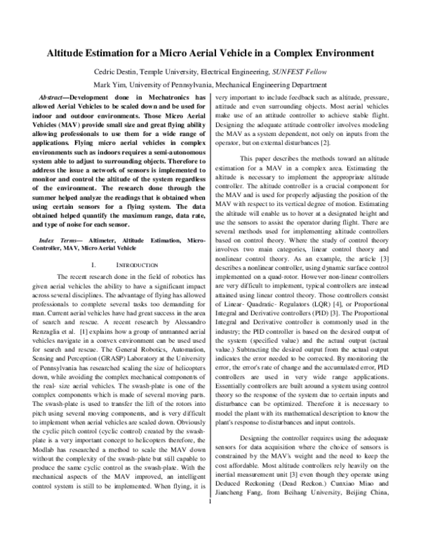 (PDF) Altitude Estimation for a Micro Aerial Vehicle in a Complex ...
