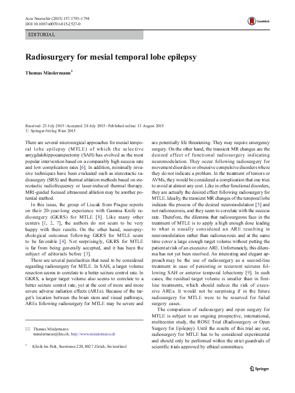(PDF) Radiosurgery for mesial temporal lobe epilepsy