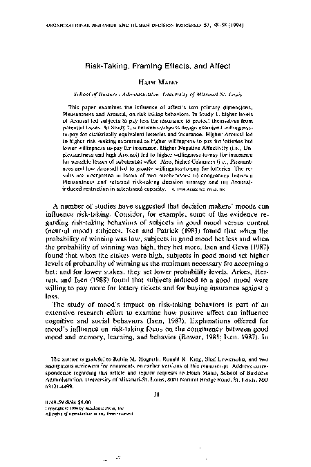 (PDF) Risk-Taking, Framing Effects, and Affect
