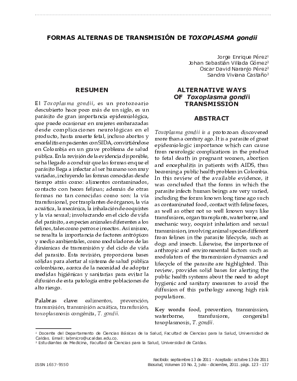 Formas Alternas De Transmisión De Toxoplasma Gondii