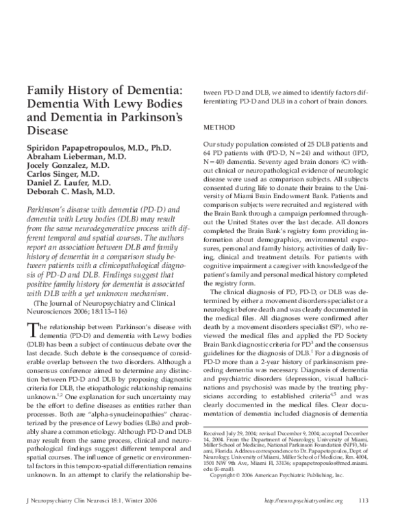 (PDF) Family History of Dementia: Dementia With Lewy Bodies and ...