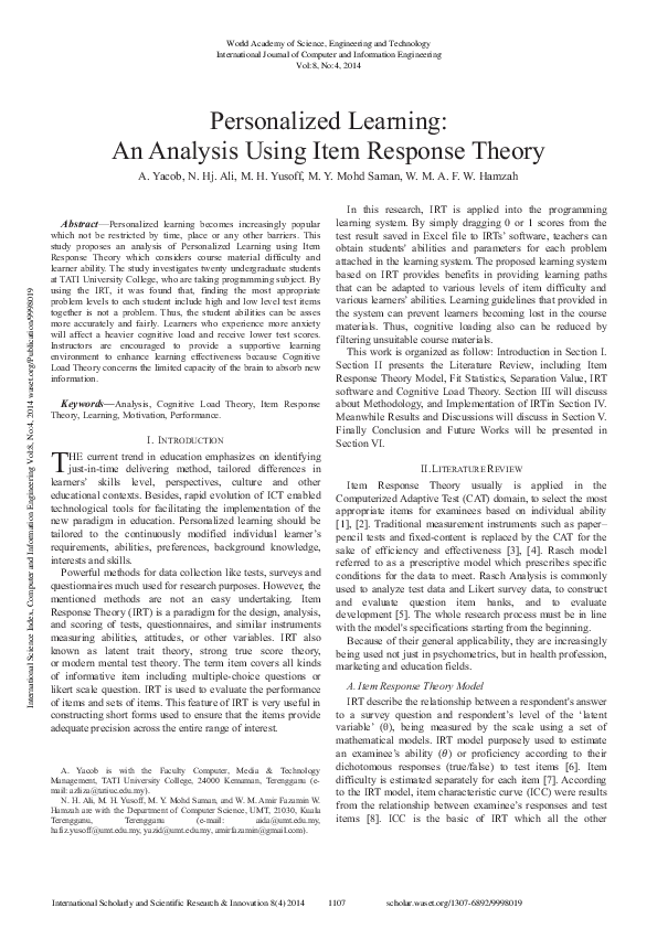 (PDF) Personalized Learning: An Analysis Using Item Response Theory