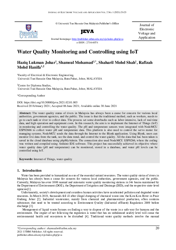 (PDF) Water Quality Monitoring and Controlling System using IoT