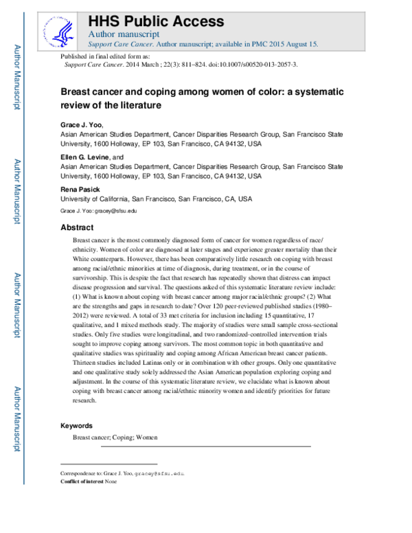 (PDF) Breast cancer and coping among women of color: a systematic ...