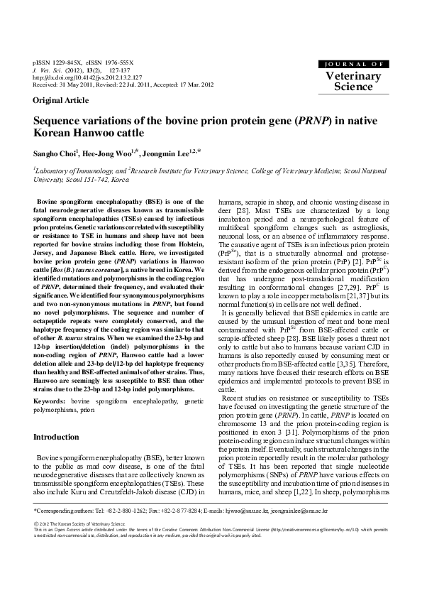 (PDF) Sequence variations of the bovine prion protein gene ( PRNP ) in ...