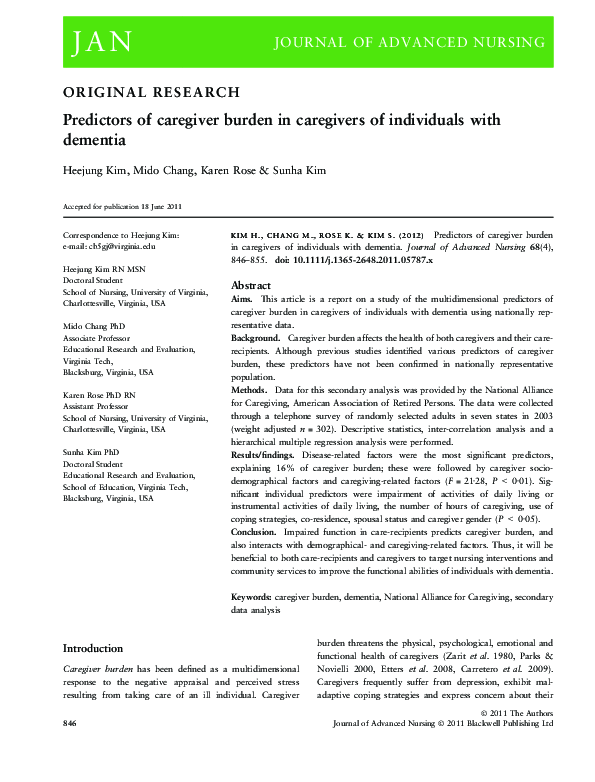 (PDF) Predictors of caregiver burden in caregivers of individuals with ...
