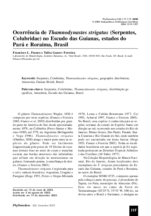 (PDF) Ocorrência de Thamnodynastes strigatus (Serpentes, Colubridae) no ...