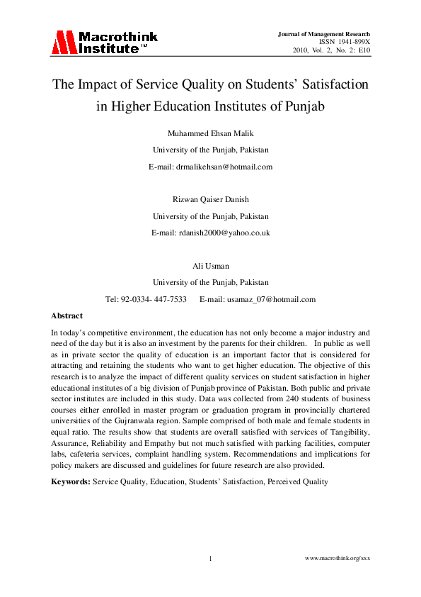 (PDF) The Impact of Service Quality on Students’ Satisfaction in Higher ...