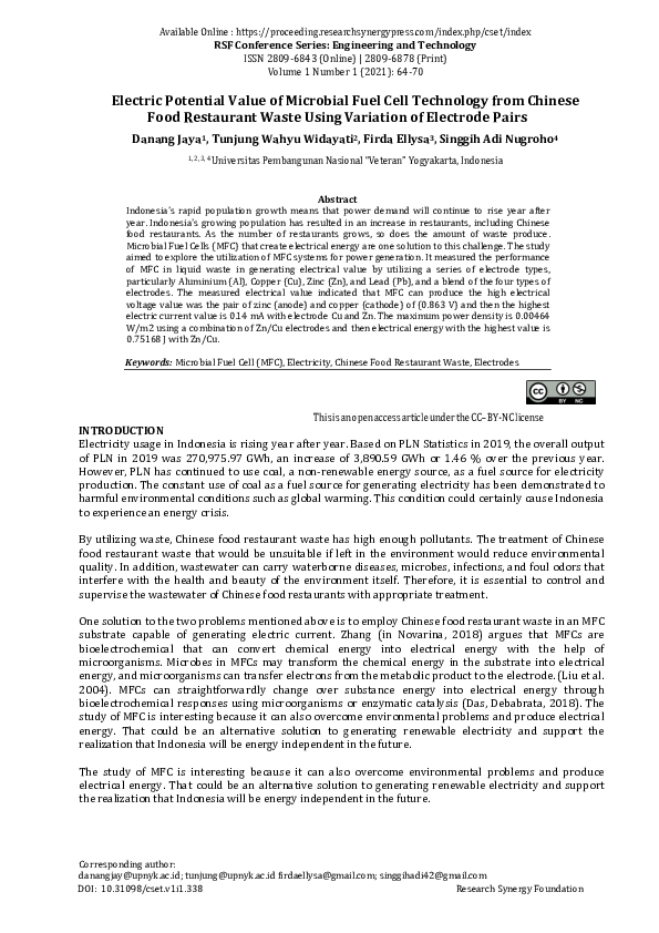 (PDF) Electric Potential Value of Microbial Fuel Cell Technology from ...