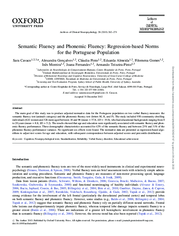 (PDF) Semantic Fluency and Phonemic Fluency: Regression-based Norms for ...