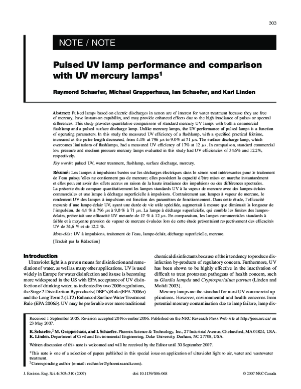 (PDF) Pulsed UV lamp performance and comparison with UV mercury lamps Karl Linden Academia.edu