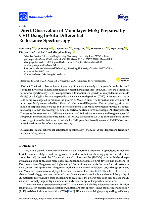 (PDF) Direct Observation of Monolayer MoS2 Prepared by CVD Using In ...