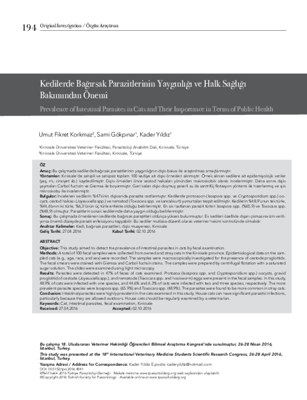(PDF) Prevalence of Intestinal Parasites in Cats and Their Importance ...