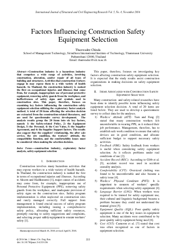 (PDF) Factors Influencing Construction Safety Equipment Selection