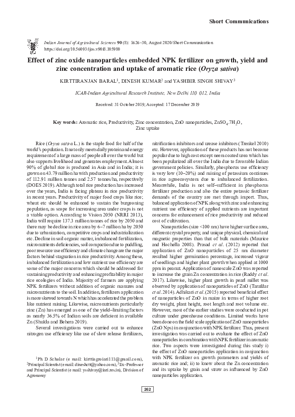 (PDF) Effect of zinc oxide nanoparticles embedded NPK fertilizer on ...