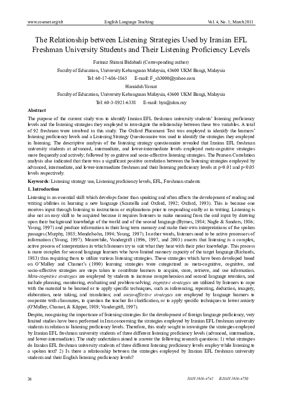 (PDF) The Relationship between Listening Strategies Used by Iranian EFL ...