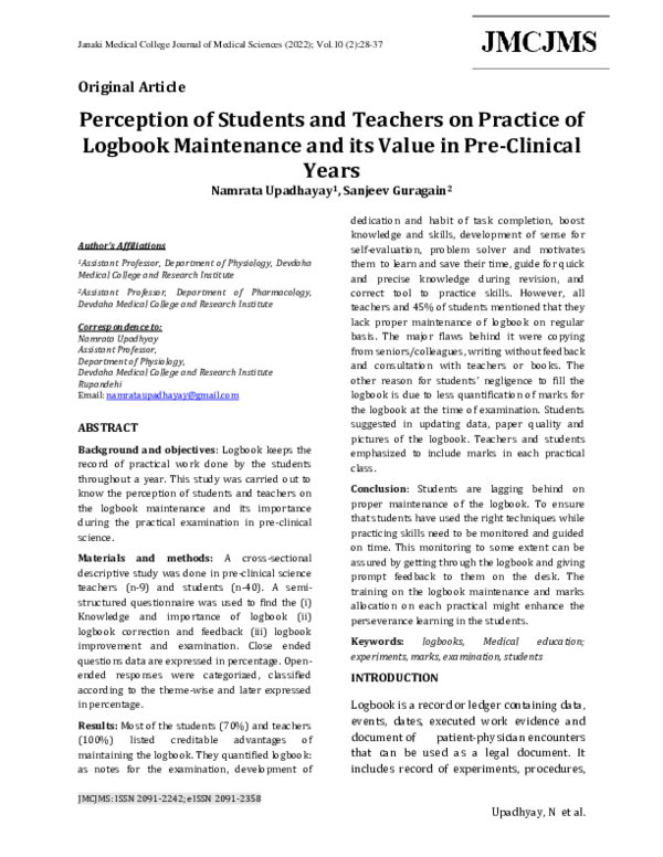 (PDF) Perception of Students and Teachers on Practice of Logbook ...