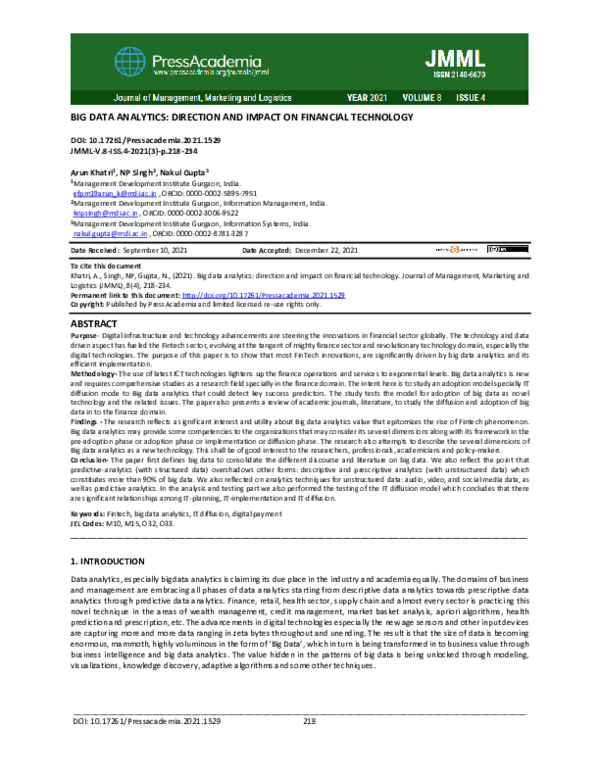 (PDF) Big data analytics: direction and impact on financial technology