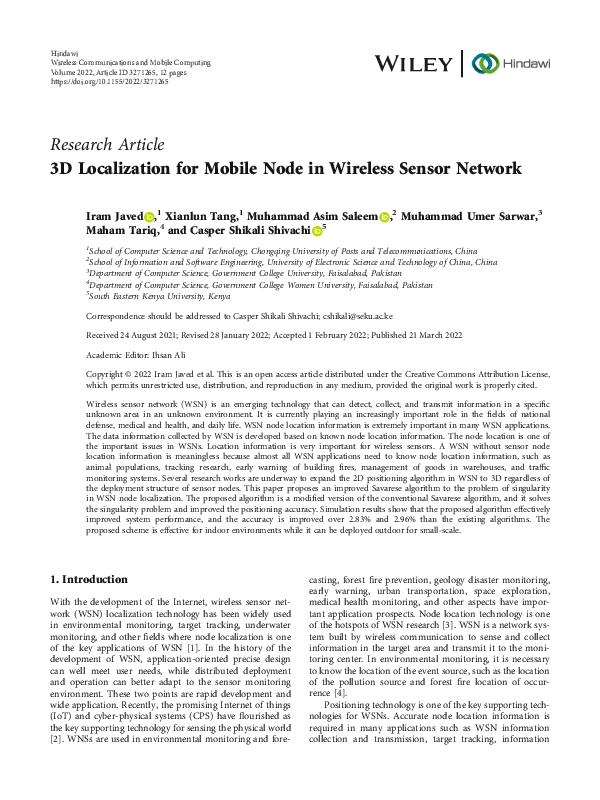 (PDF) 3D Localization for Mobile Node in Wireless Sensor Network