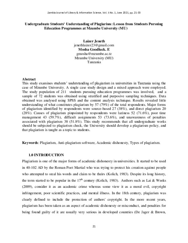 (PDF) Undergraduate Students' Understanding of Plagiarism: Lesson from ...