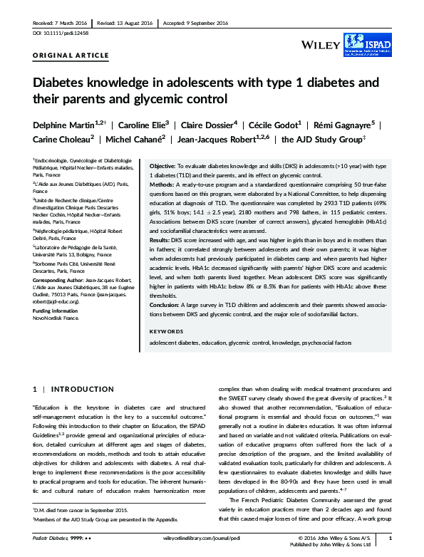 (PDF) Diabetes knowledge in adolescents with type 1 diabetes and their ...