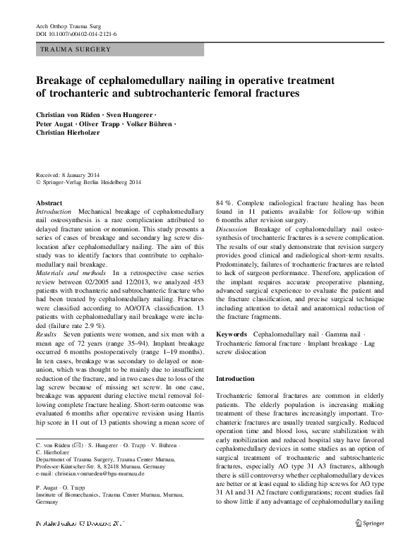 (PDF) Breakage of cephalomedullary nailing in operative treatment of ...