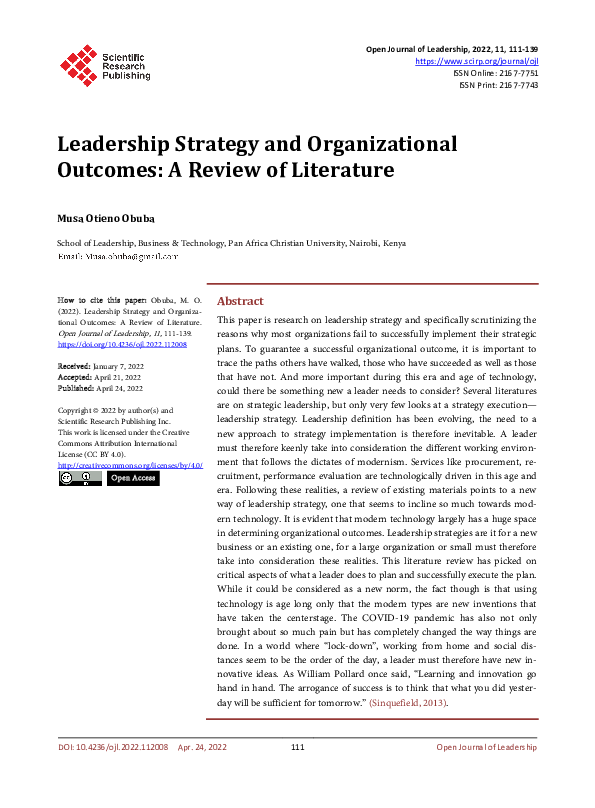 (PDF) Leadership Strategy and Organizational Outcomes: A Review of ...