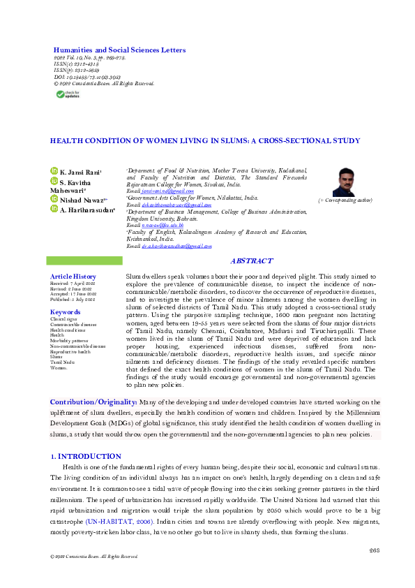 (PDF) Health Condition of Women Living in Slums: A Cross-Sectional Study