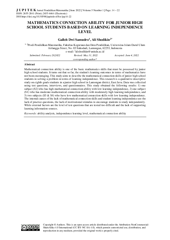 (PDF) Mathematics Connection Ability for Junior High School Students ...