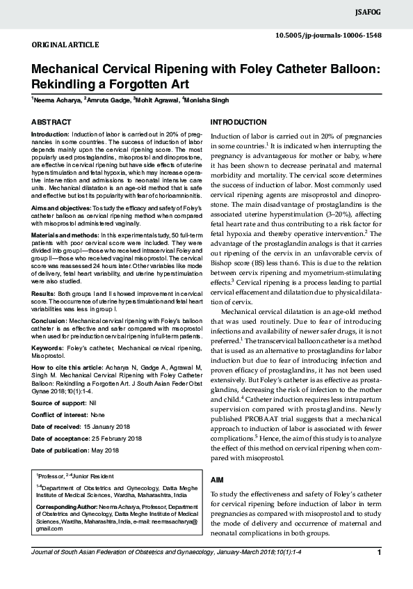 (PDF) Mechanical Cervical Ripening with Foley Catheter Balloon
