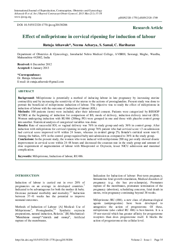 (PDF) Effect of mifepristone in cervical ripening for induction of labour