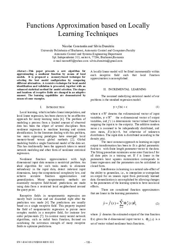 (PDF) Functions approximation based on locally learning techniques