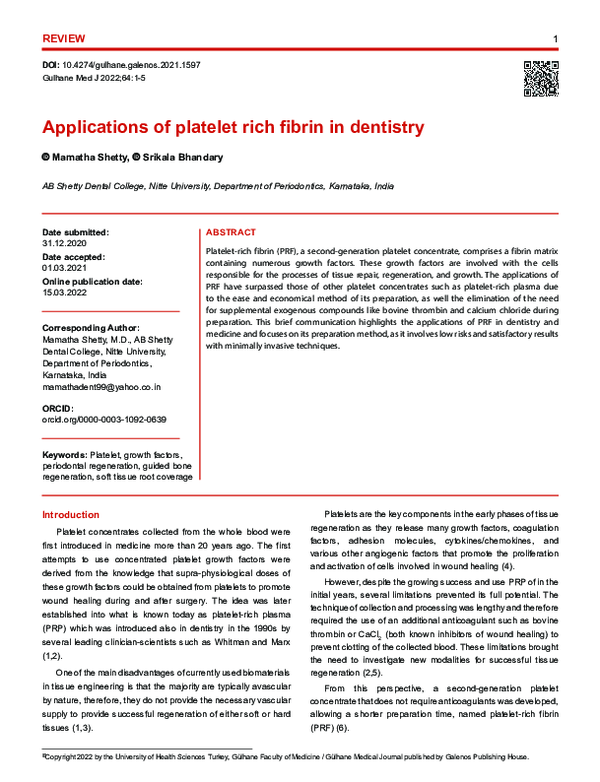 (PDF) Applications of platelet rich fibrin in dentistry