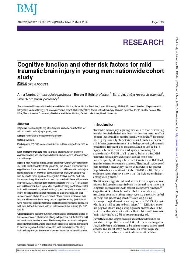 (PDF) Cognitive function and other risk factors for mild traumatic ...
